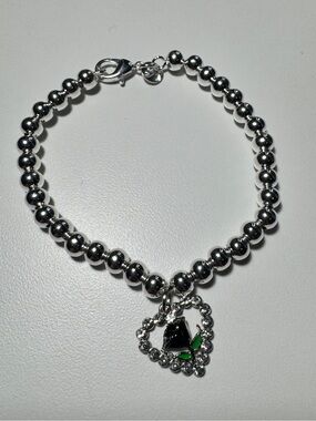 925 Sterling Silver plated Beaded Bracelet with Heart and Black Rose Charm